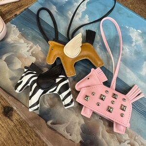 Lot of 3 Hermes Rodeo style Horse-Shaped Bag Charms - Pink, Brown, Black & White